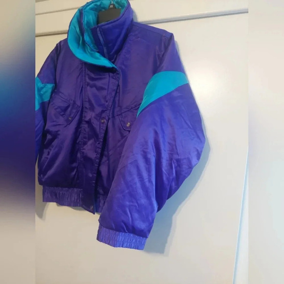 Obermeyer Vintage 80s Retro Purple/ Blue Colorblock Down Puffer Satin Jacket Ski - Picture 6 of 11